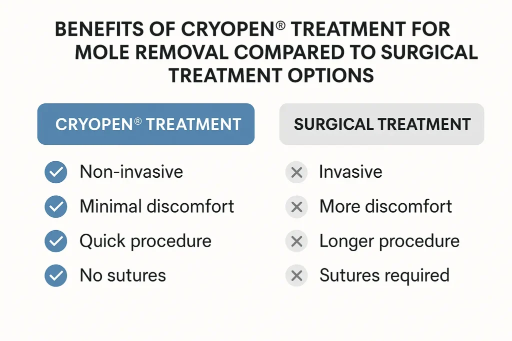 Table to show the benefits of getting moles removed Hertfordshire from LA LIPO