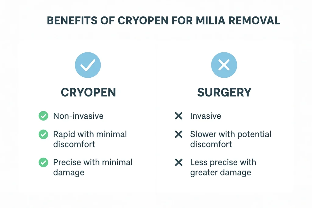 Benefits of cryopen for milia removal Hertfordshire compared to surgical treatments.