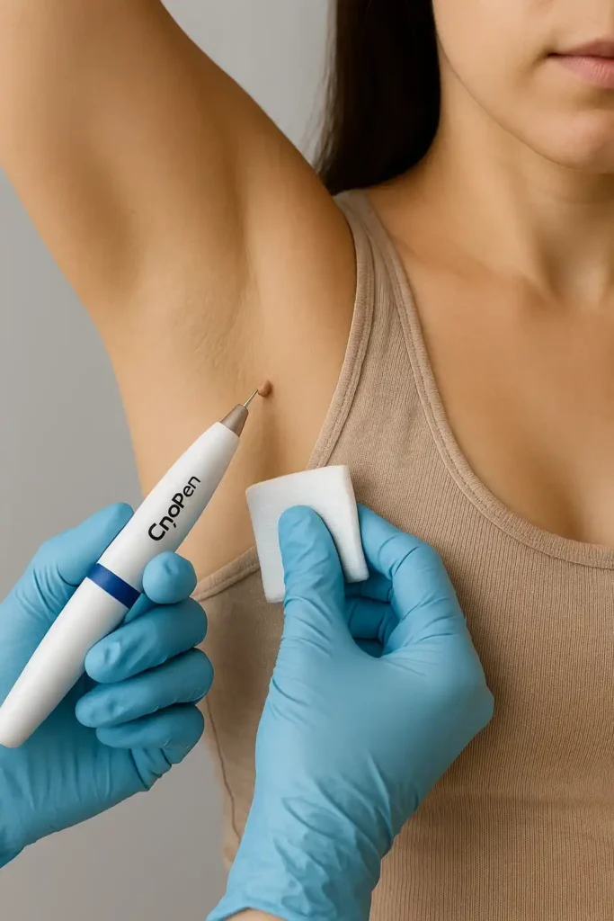 woman having cryopen to remove underarm skin tags Hertfordshire