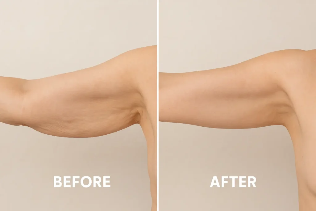 Picture of LA LIPO Hertfordshire before and after results of skin tightening treatment on the upper arms.