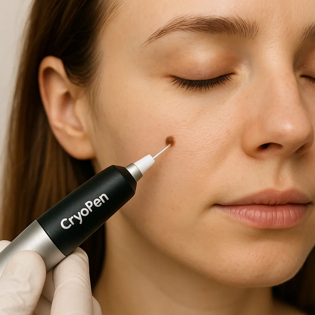 woman receiving facial mole removal Hertfordshire using cryopen