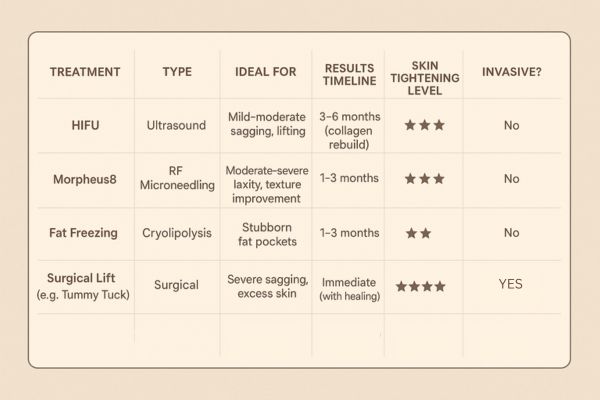 Table showing the comparisons of Skin tightening Hertfordshire treatment options.